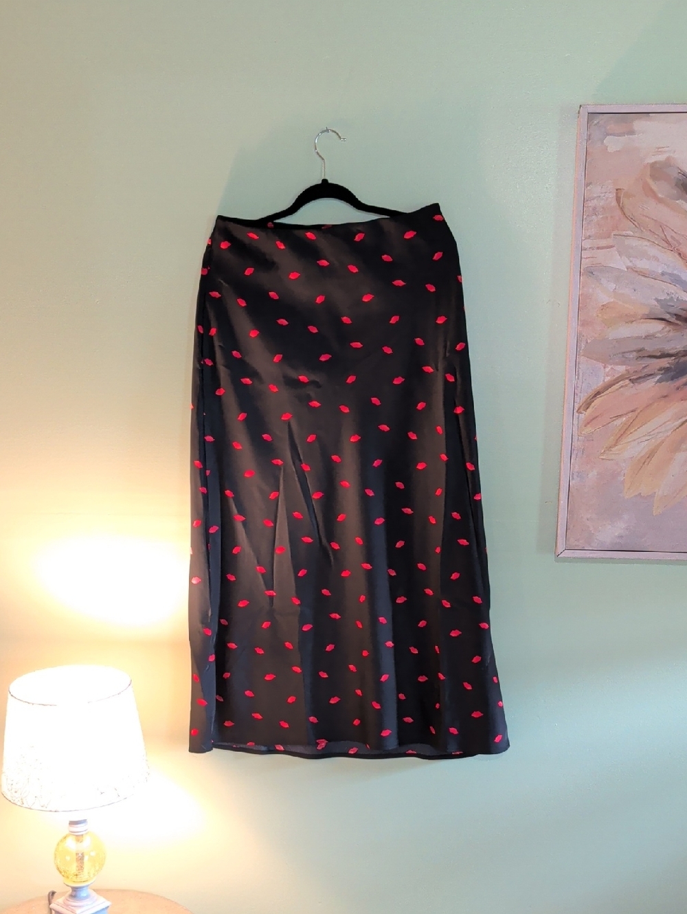 a new day Black Satin Skirt with Red Lip Print